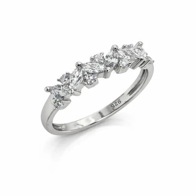 Sterling Silver Marquise & Round Cut Cubic Zirconia Ring – Elegant Multi Stone CZ Band - PT1820