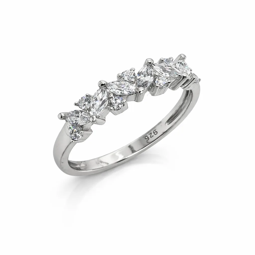 Sterling Silver Marquise & Round Cut Cubic Zirconia Ring – Elegant Multi Stone CZ Band - PT1820