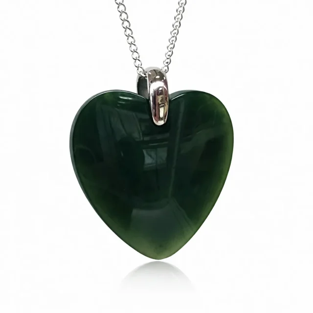 Sterling Silver New Zealand Greenstone Heart Pendant with Silver Chain - PN211CHB
