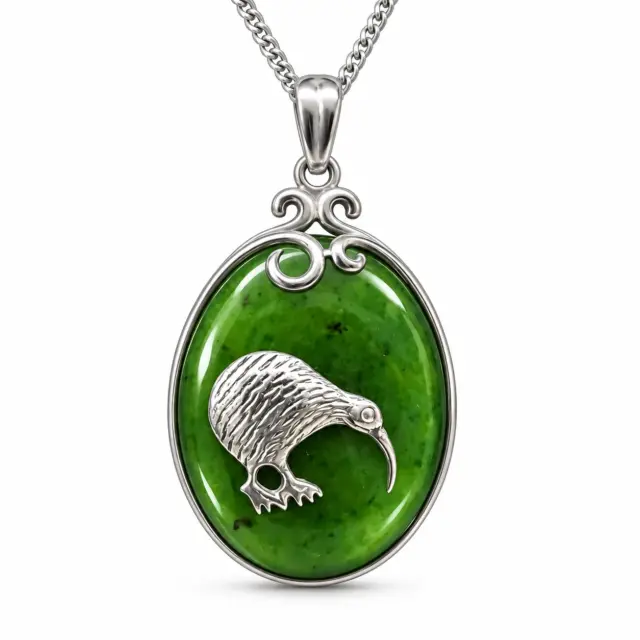 Sterling Silver New Zealand Greenstone Kiwi Pendant with Silver Chain - PN235CHB