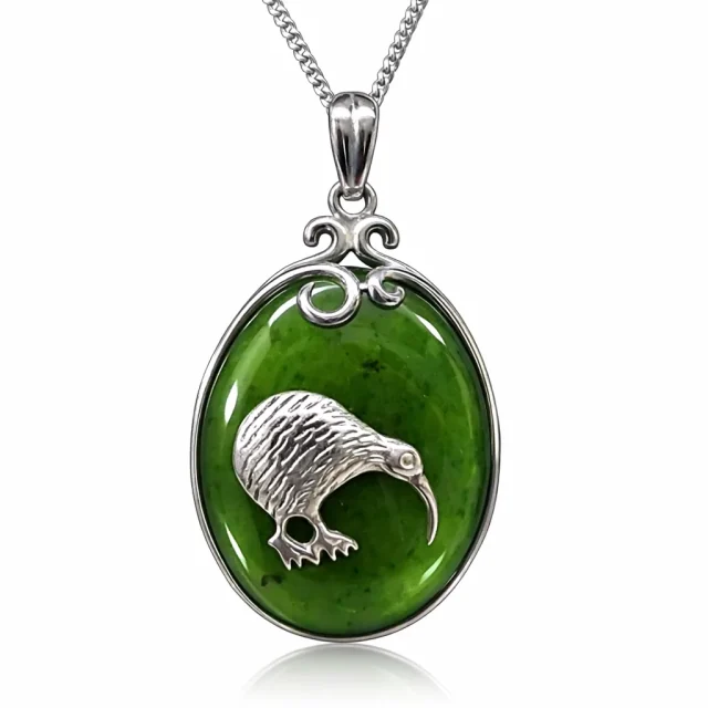 Sterling Silver New Zealand Greenstone Kiwi Pendant with Silver Chain - PN235CHB