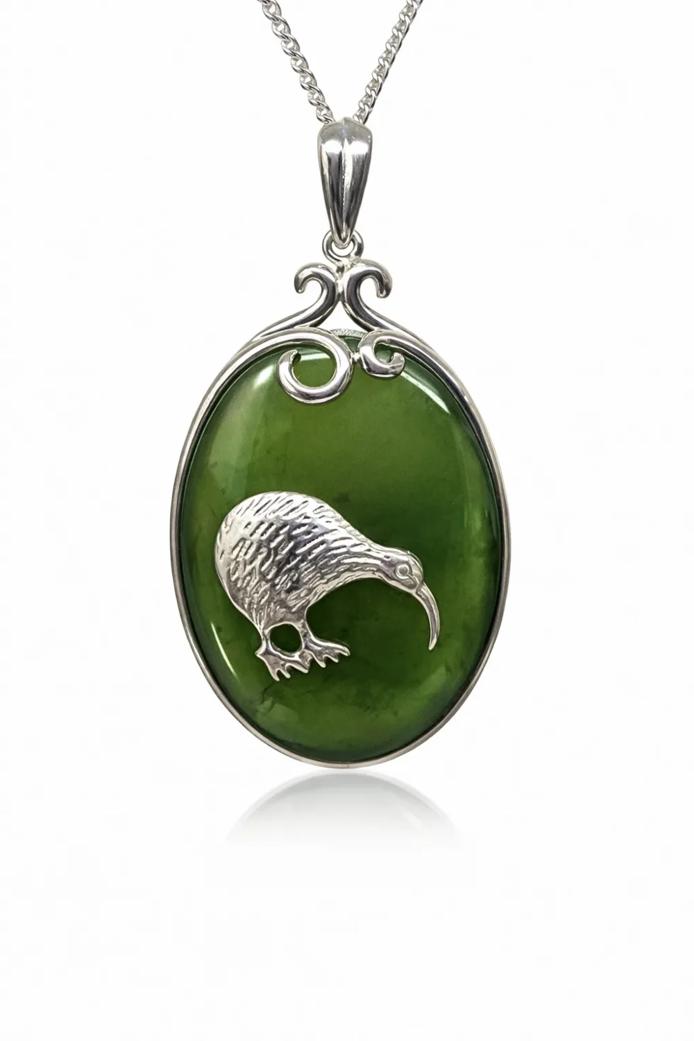 Sterling Silver New Zealand Greenstone Kiwi Pendant with Silver Chain - PN235CHB