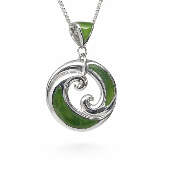 Sterling Silver New Zealand Greenstone Koru Pendant with Greenstone Inlay Bale 20mm x 30mm - SSDRR