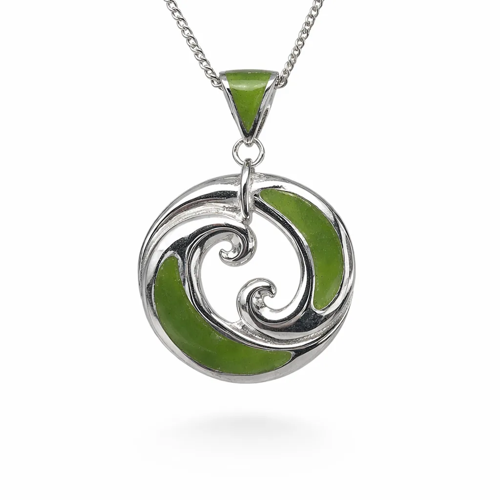 Sterling Silver New Zealand Greenstone Koru Pendant with Greenstone Inlay Bale 20mm x 30mm - SSDRR