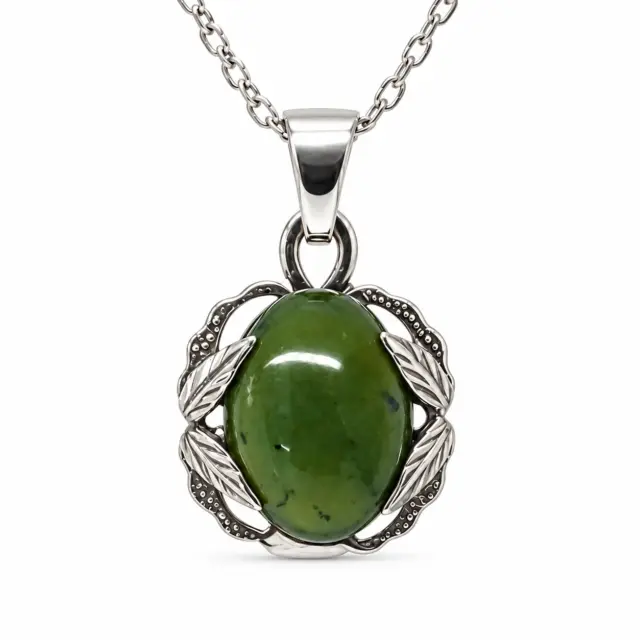 Sterling Silver New Zealand Greenstone Oval Pendant Necklace – Genuine NZ Pounamu with Leaf Detail Design - CHNSSC3GS