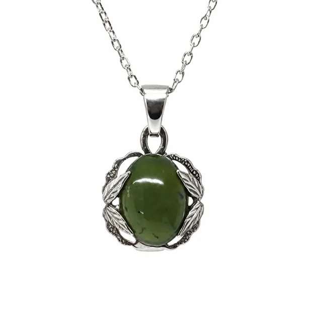 Sterling Silver New Zealand Greenstone Oval Pendant Necklace – Genuine NZ Pounamu with Leaf Detail Design - CHNSSC3GS