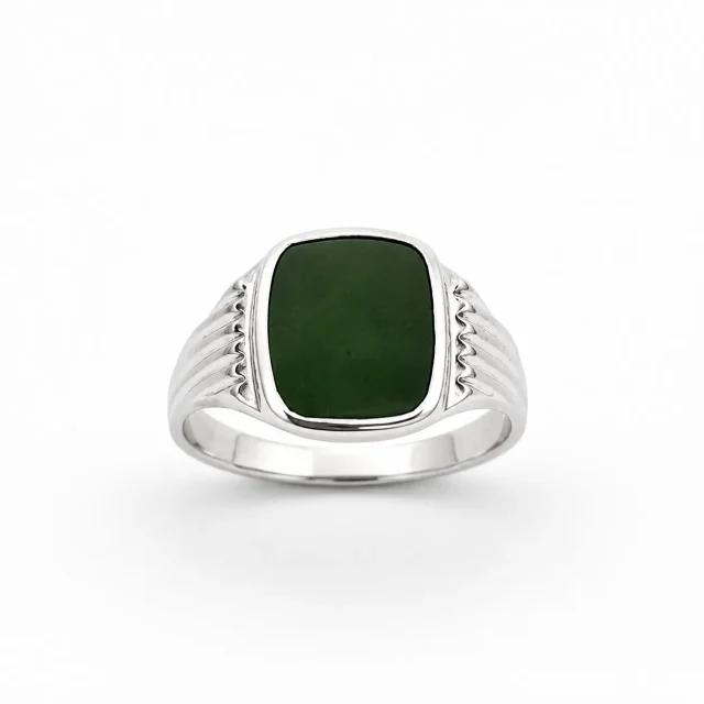 Sterling Silver New Zealand Greenstone Signet Ring – 12mm x 10mm Cushion Greenstone - CYR2148GS