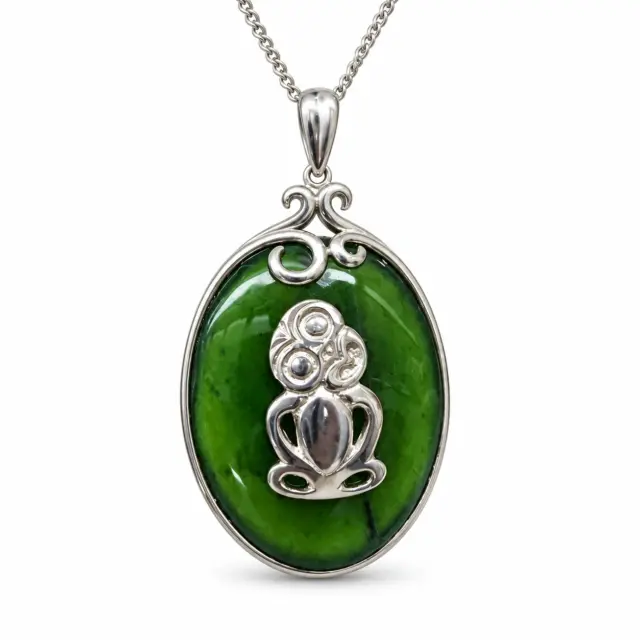 Sterling Silver New Zealand Greenstone Tiki Pendant with Silver Chain - PN236CHB