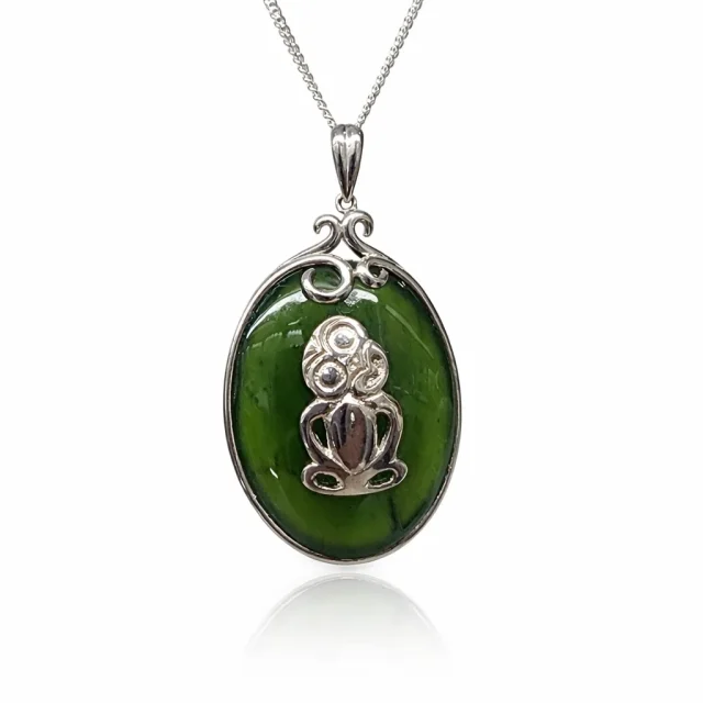 Sterling Silver New Zealand Greenstone Tiki Pendant with Silver Chain - PN236CHB