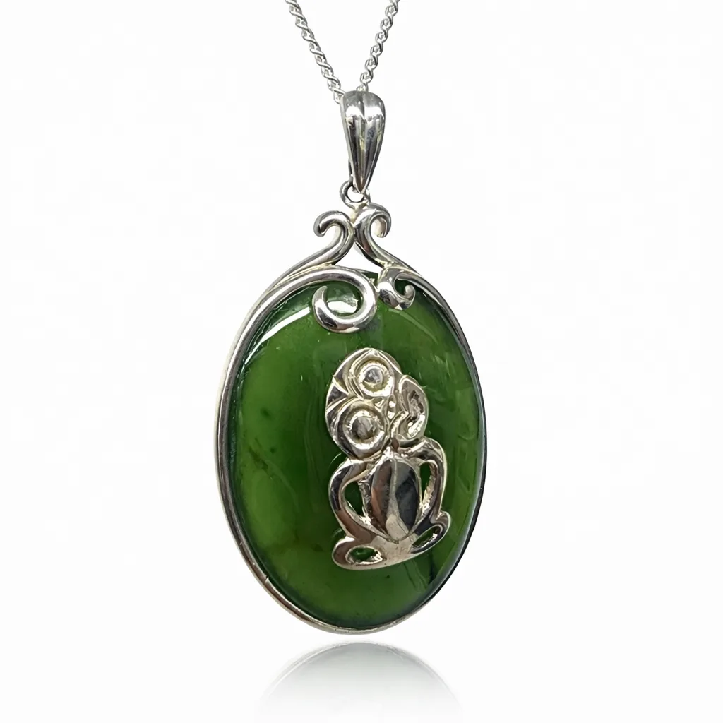 Sterling Silver New Zealand Greenstone Tiki Pendant with Silver Chain - PN236CHB