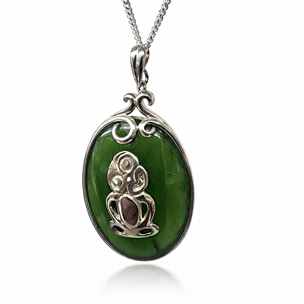Sterling Silver New Zealand Greenstone Tiki Pendant with Silver Chain - PN236CHB