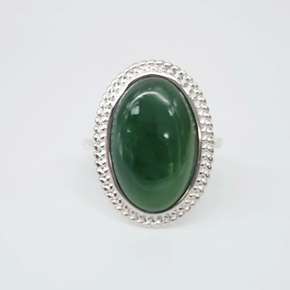 Sterling Silver NZ Greenstone Oval Rope Edge Ring - SSGSDOO