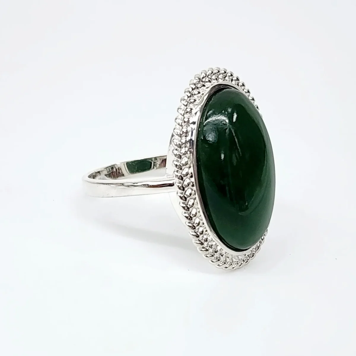 Sterling Silver NZ Greenstone Oval Rope Edge Ring - SSGSDOO