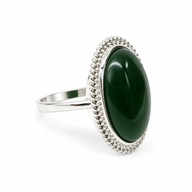 Sterling Silver NZ Greenstone Oval Rope Edge Ring - SSGSDOO