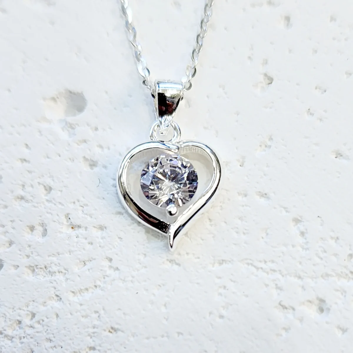 Sterling Silver Open Heart Pendant with Cubic Zirconia and Sterling Silver Chain
