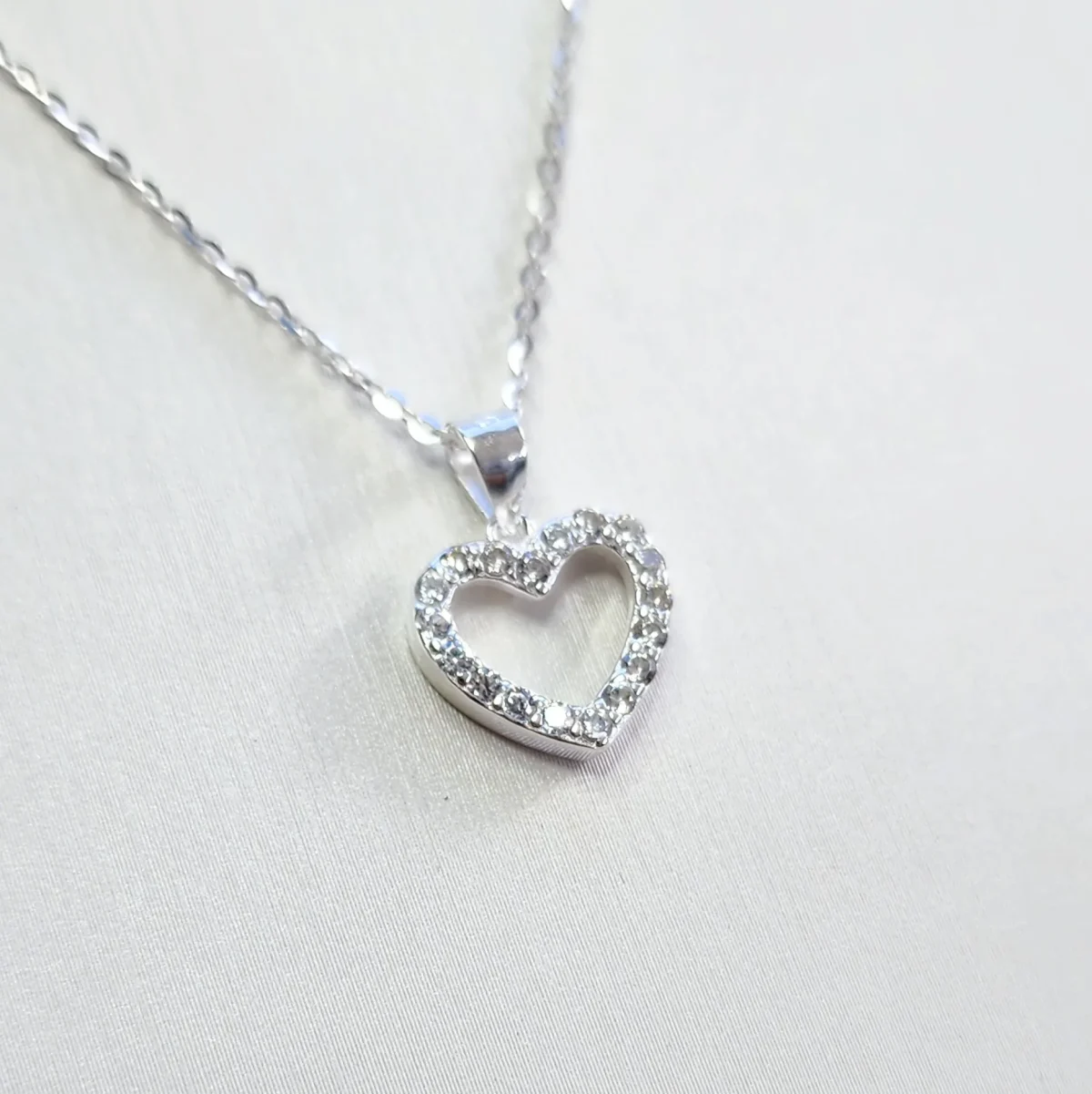 Sterling Silver Open Heart Pendant with Cubic Zirconia and Sterling Silver Chain