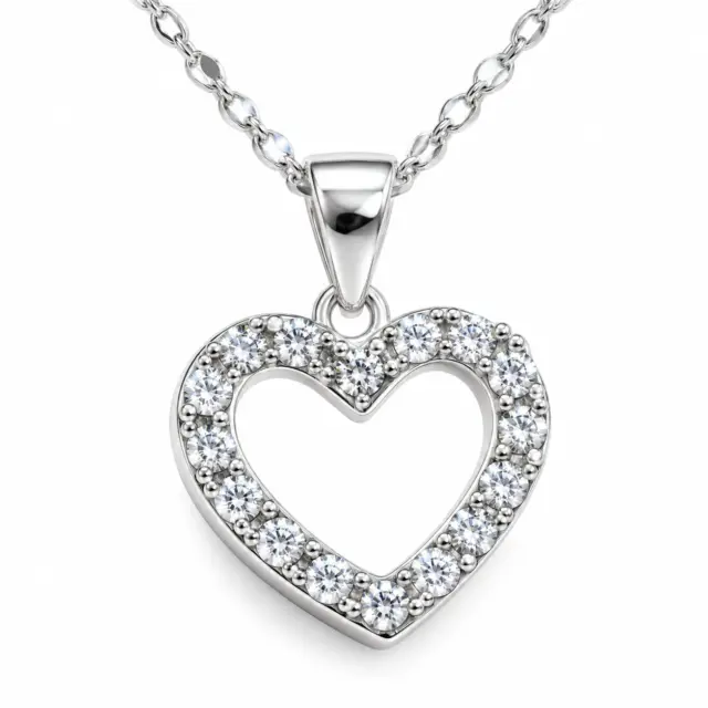 Sterling Silver Open Heart Pendant with Cubic Zirconia and Sterling Silver Chain
