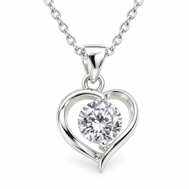 Sterling Silver Open Heart Pendant with Cubic Zirconia and Sterling Silver Chain