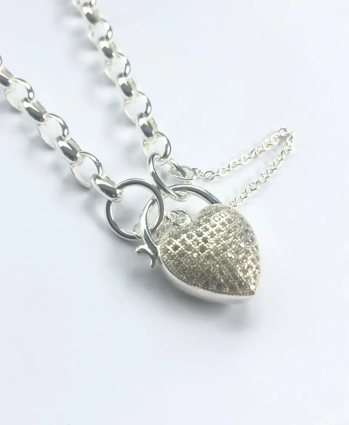 Sterling Silver Oval Belcher Bracelet With Micro Set CZ Puff Heart Padlock 19cm - 003