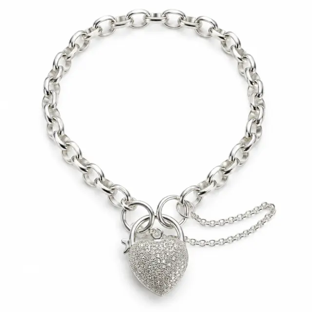 Sterling Silver Oval Belcher Bracelet With Micro Set CZ Puff Heart Padlock 19cm - 003