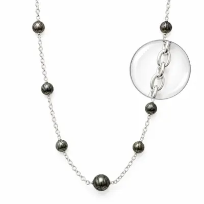 Sterling Silver Oval Belcher Chain with 7x Round Hand Carved Tahitian Black Pearl