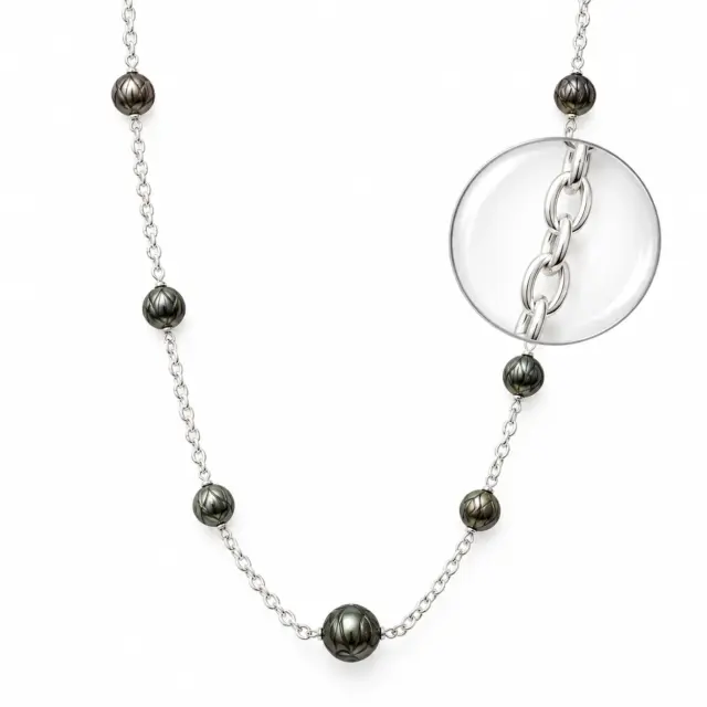 Sterling Silver Oval Belcher Chain with 7x Round Hand Carved Tahitian Black Pearl