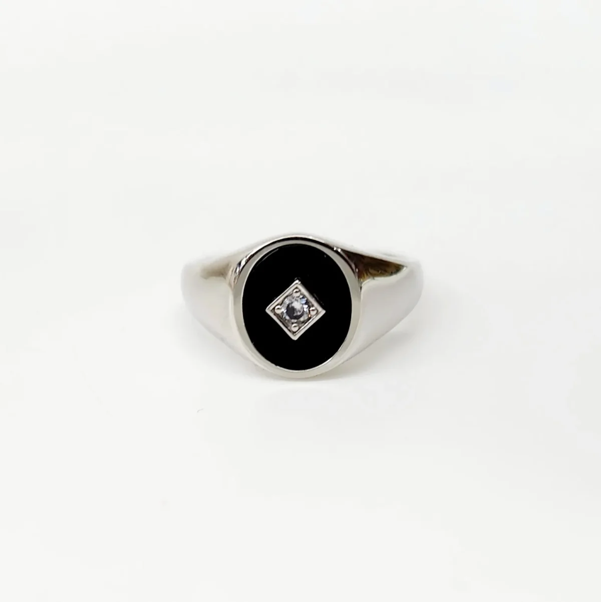 Sterling Silver Oval Black Onyx with CZ Setting