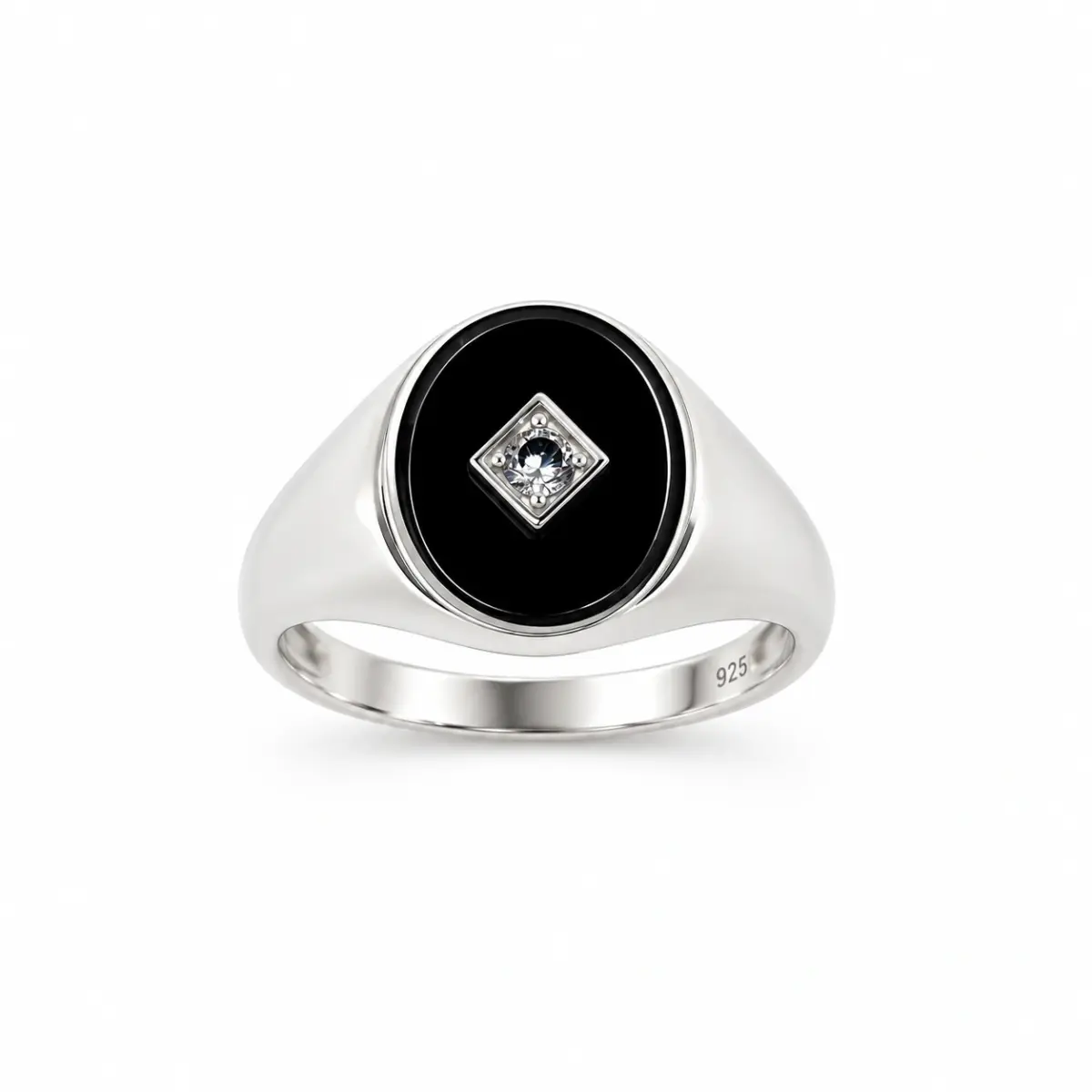 Sterling Silver Oval Black Onyx with CZ Setting