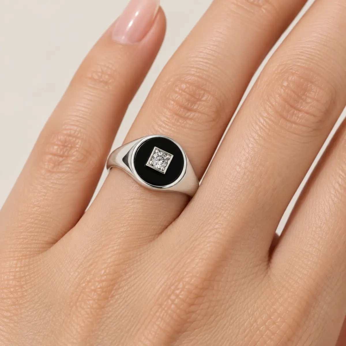Sterling Silver Oval Black Onyx with CZ Setting