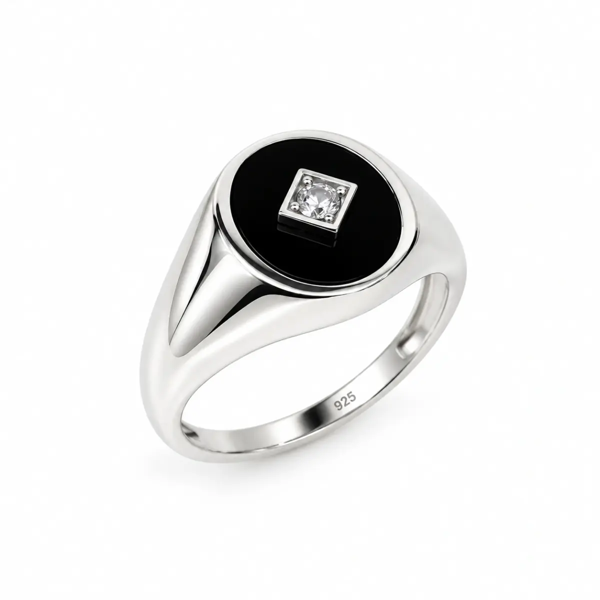 Sterling Silver Oval Black Onyx with CZ Setting