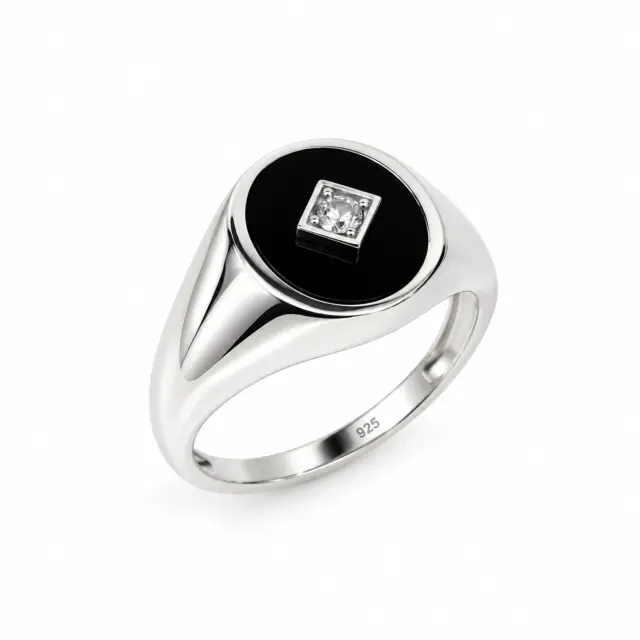 Sterling Silver Oval Black Onyx with CZ Setting