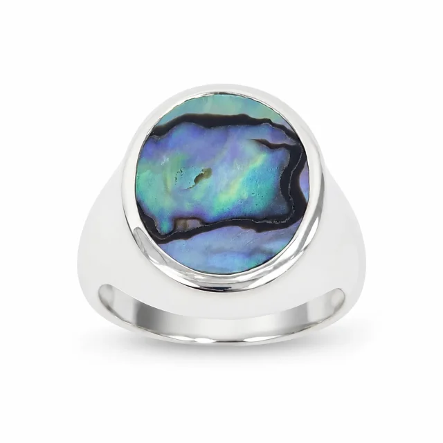 Sterling Silver Oval Paua Shell Signet Ring – 16.5mm x 14mm Natural Paua Shell - CYR7659PAUA