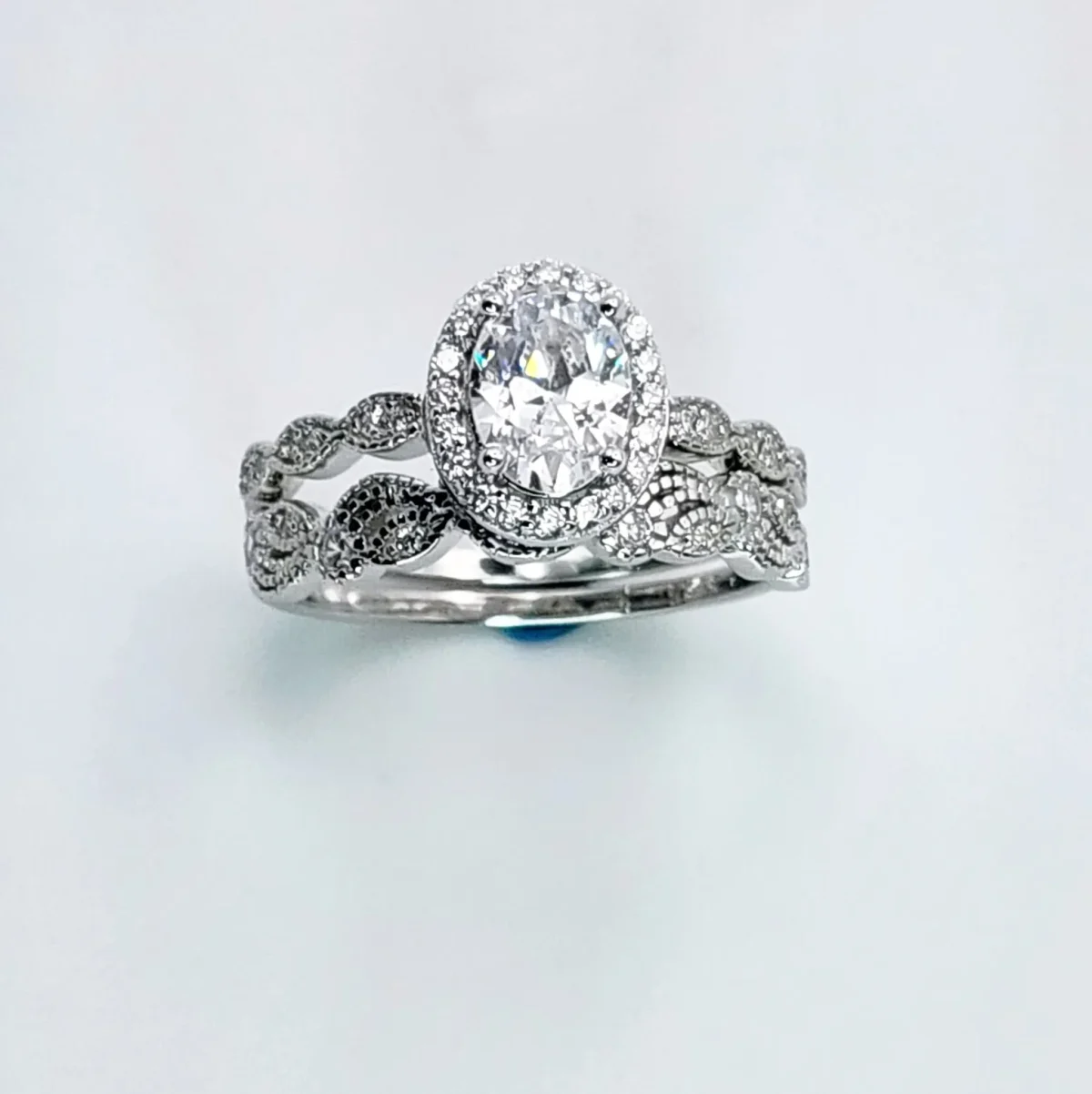 Sterling Silver Oval Shaped Halo 2 Piece Cubic Zirconia Bridal Set