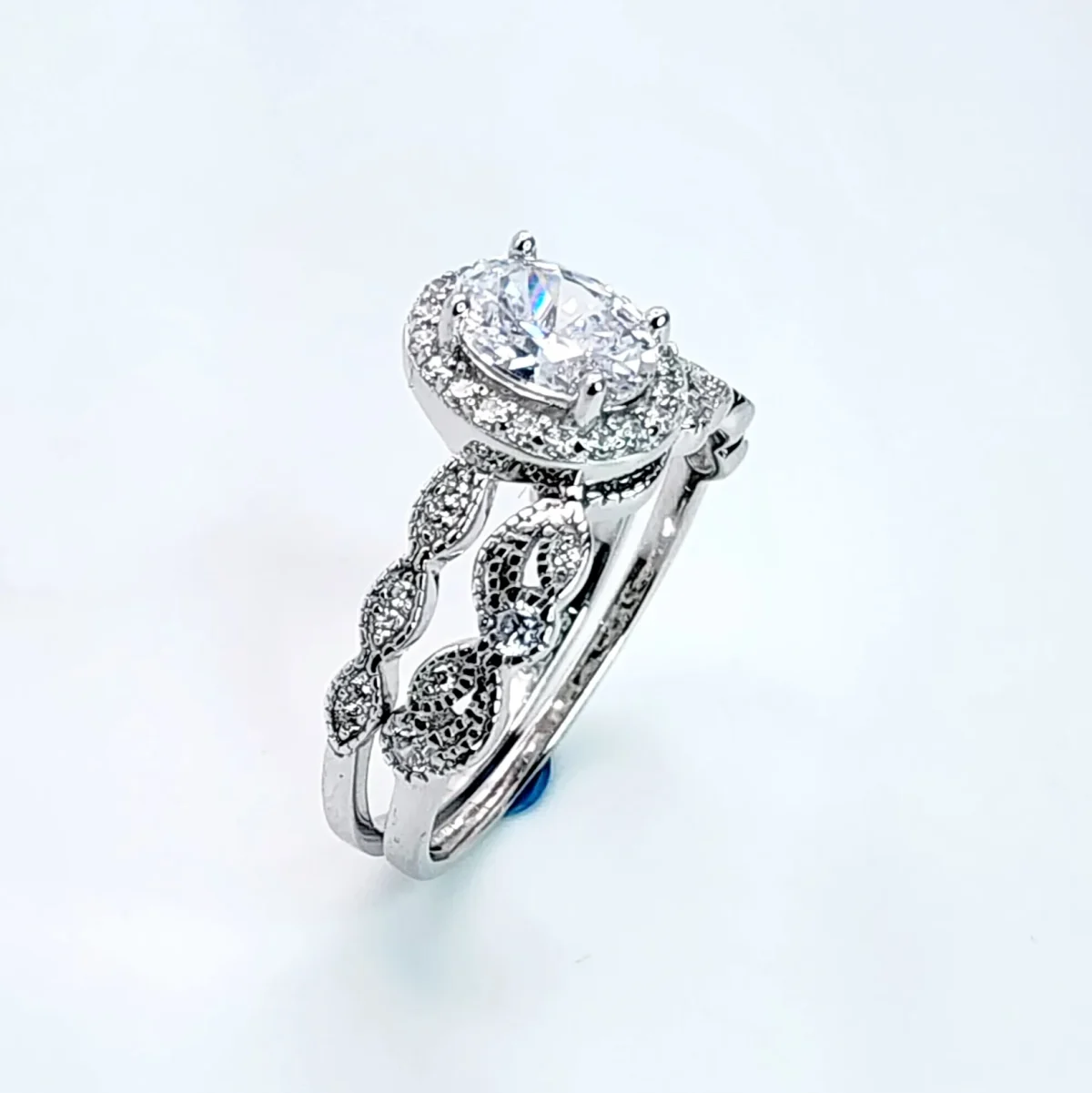 Sterling Silver Oval Shaped Halo 2 Piece Cubic Zirconia Bridal Set