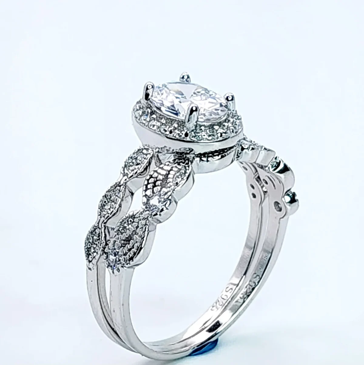 Sterling Silver Oval Shaped Halo 2 Piece Cubic Zirconia Bridal Set