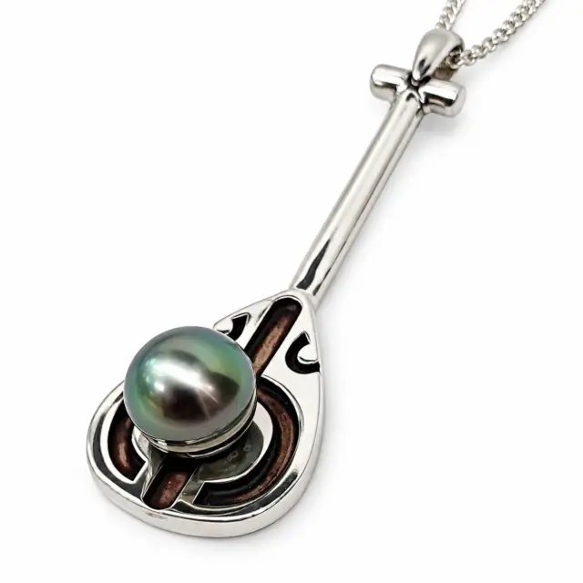 Sterling Silver Paddle Pendant with Round Cook Island Black Pearl