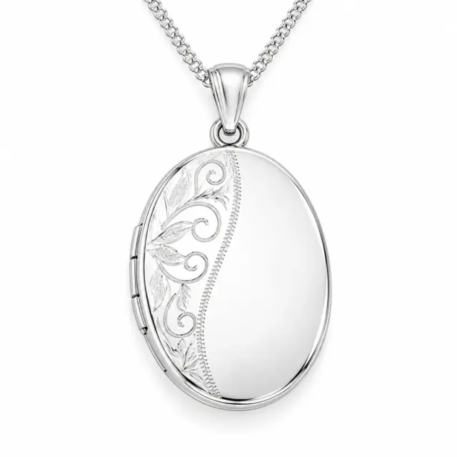 Sterling Silver Partly Engraved Oval Locket 26mm x 20mm