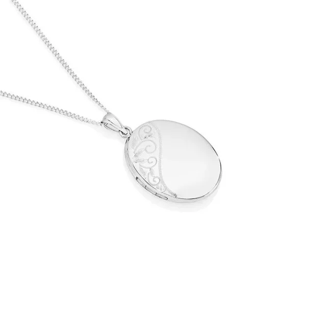 Sterling Silver Partly Engraved Oval Locket 26mm x 20mm