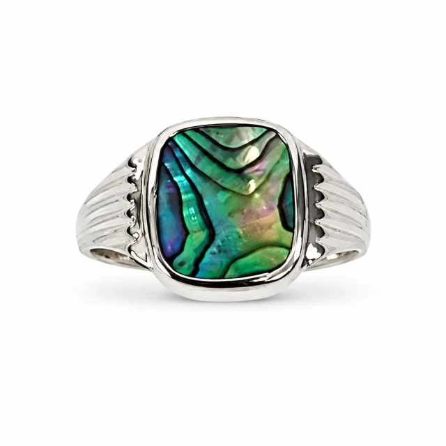 Sterling Silver Paua Shell Signet Ring – 12mm x 10mm Cushion Cut Paua | Covered Back - CYR2148PAUA