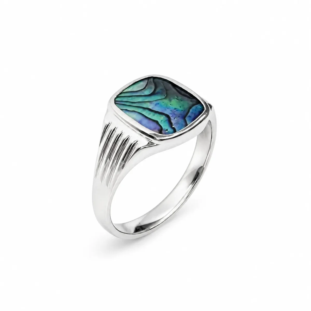 Sterling Silver Paua Shell Signet Ring – 12mm x 10mm Cushion Cut Paua | Covered Back - CYR2148PAUA
