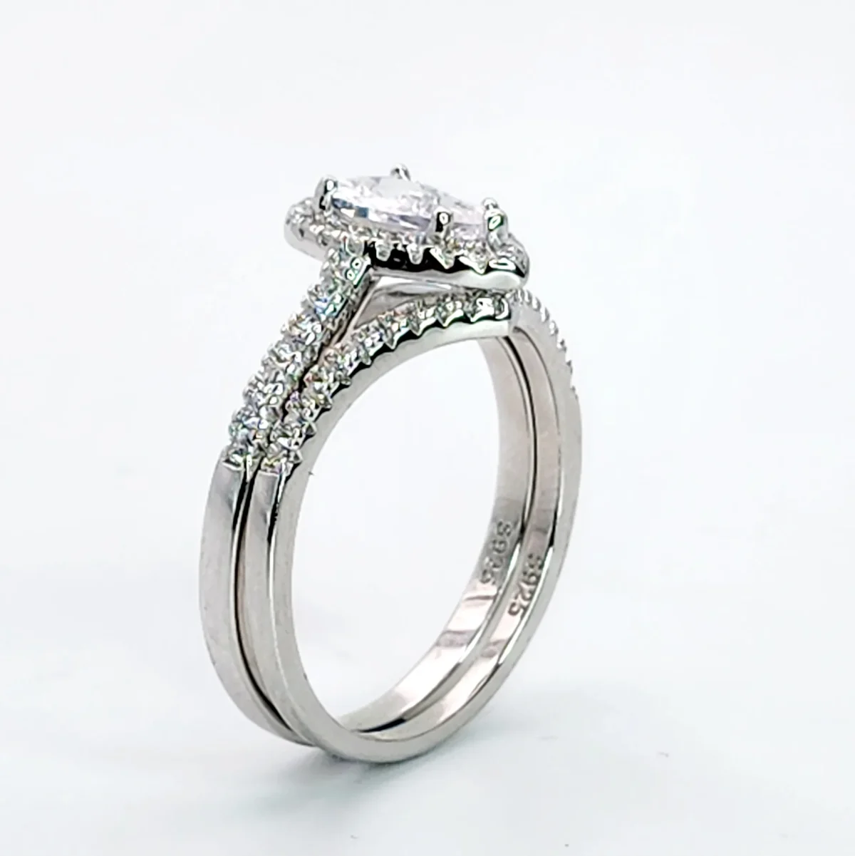 Sterling Silver Pear-Shaped Halo 2 Piece Cubic Zirconia Bridal Set