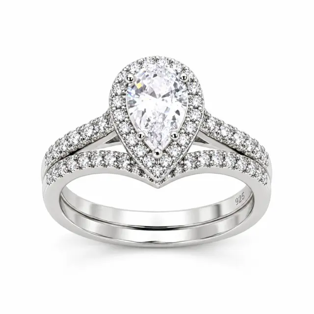 Sterling Silver Pear-Shaped Halo 2 Piece Cubic Zirconia Bridal Set