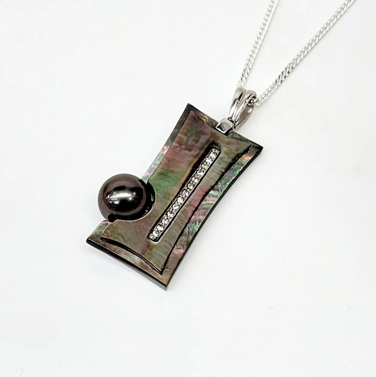 Sterling Silver Pendant with Cubic Zirconia Setting and 10mm Tahitian Black Pearl and Dark Mother Of Pearl Shell
