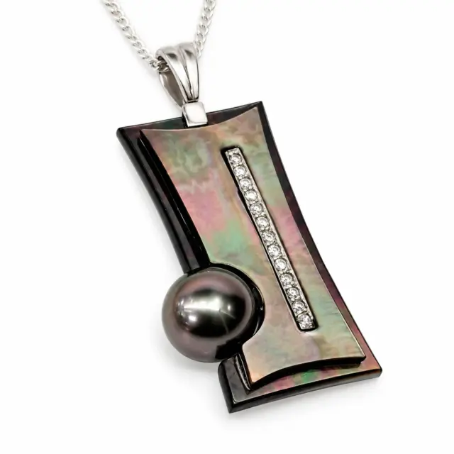 Sterling Silver Pendant with Cubic Zirconia Setting and 10mm Tahitian Black Pearl and Dark Mother Of Pearl Shell