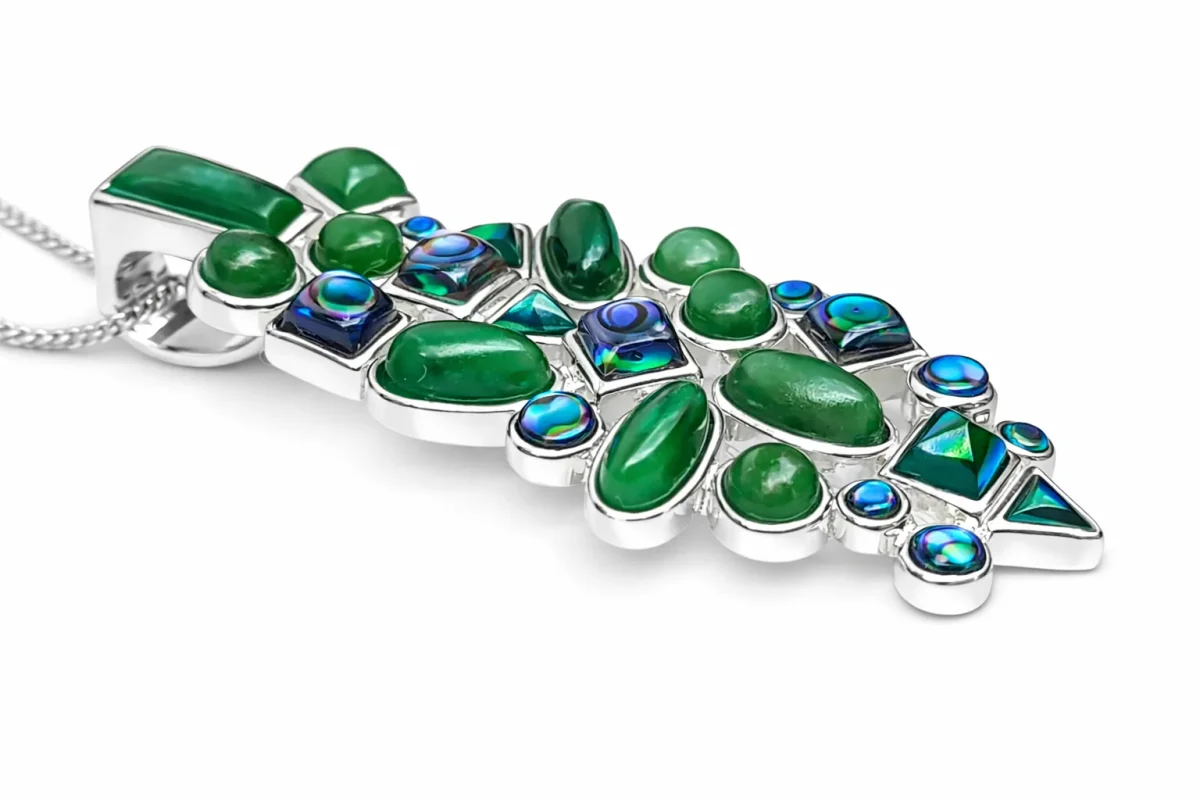 Sterling Silver Pendant with New Zealand Greenstone & Paua Shell – Rubover Set Contemporary Design (56mm) - SSRVR
