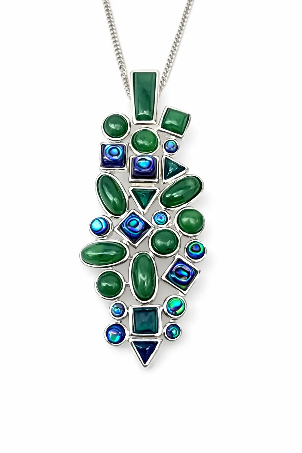 Sterling Silver Pendant with New Zealand Greenstone & Paua Shell – Rubover Set Contemporary Design (56mm) - SSRVR