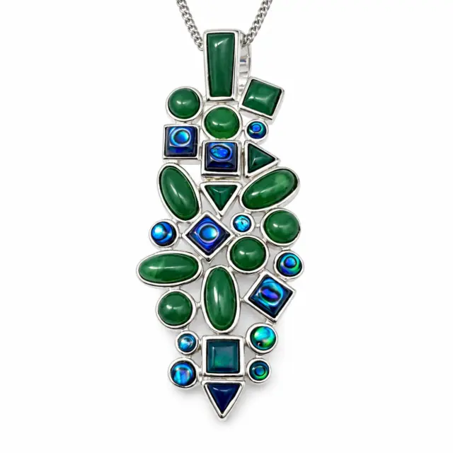 Sterling Silver Pendant with New Zealand Greenstone & Paua Shell – Rubover Set Contemporary Design (56mm) - SSRVR