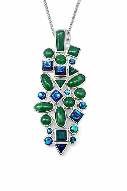 Sterling Silver Pendant with New Zealand Greenstone & Paua Shell – Rubover Set Contemporary Design (56mm) - SSRVR
