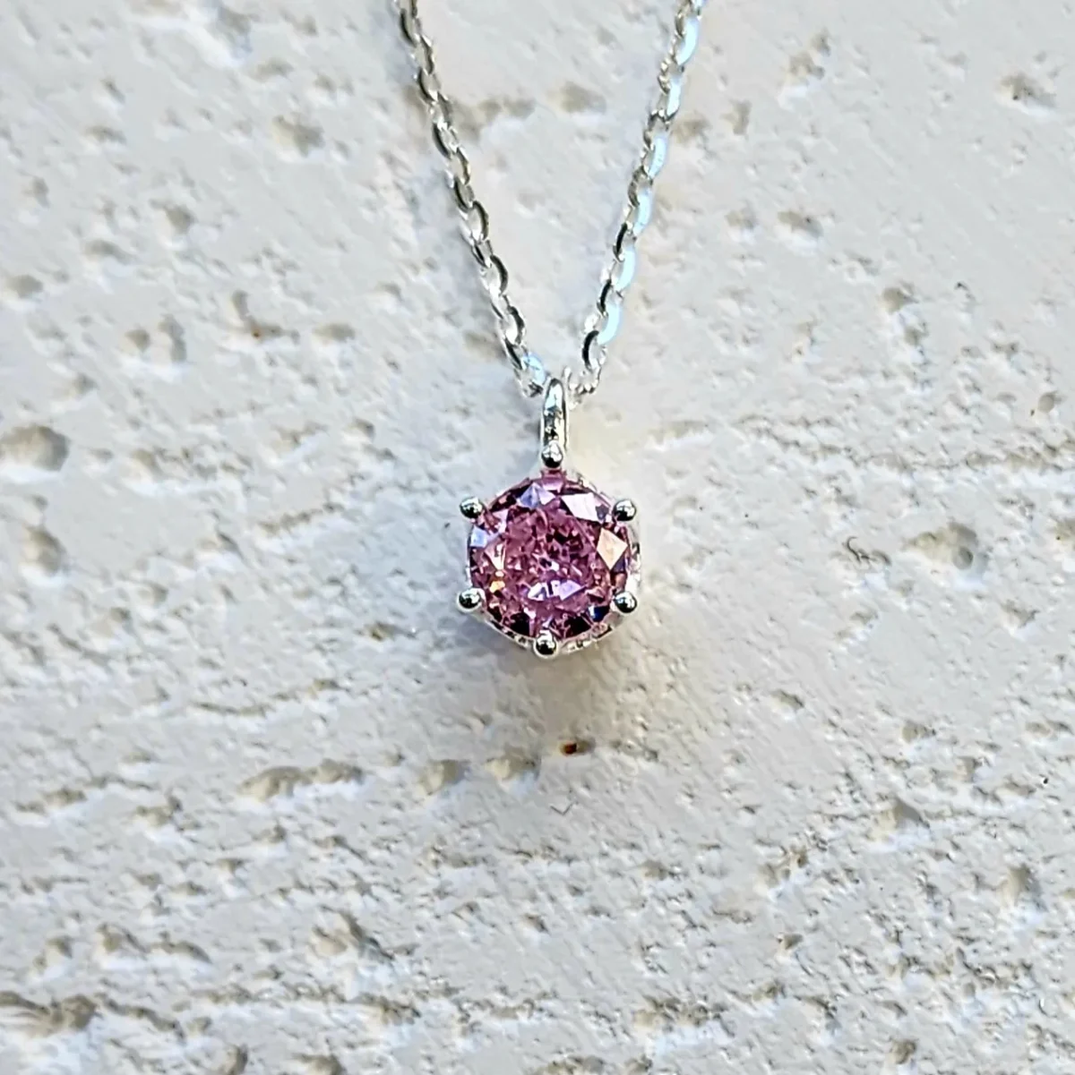 Sterling Silver Pink CZ 6 Claw Round Pendant with Sterling Silver Chain