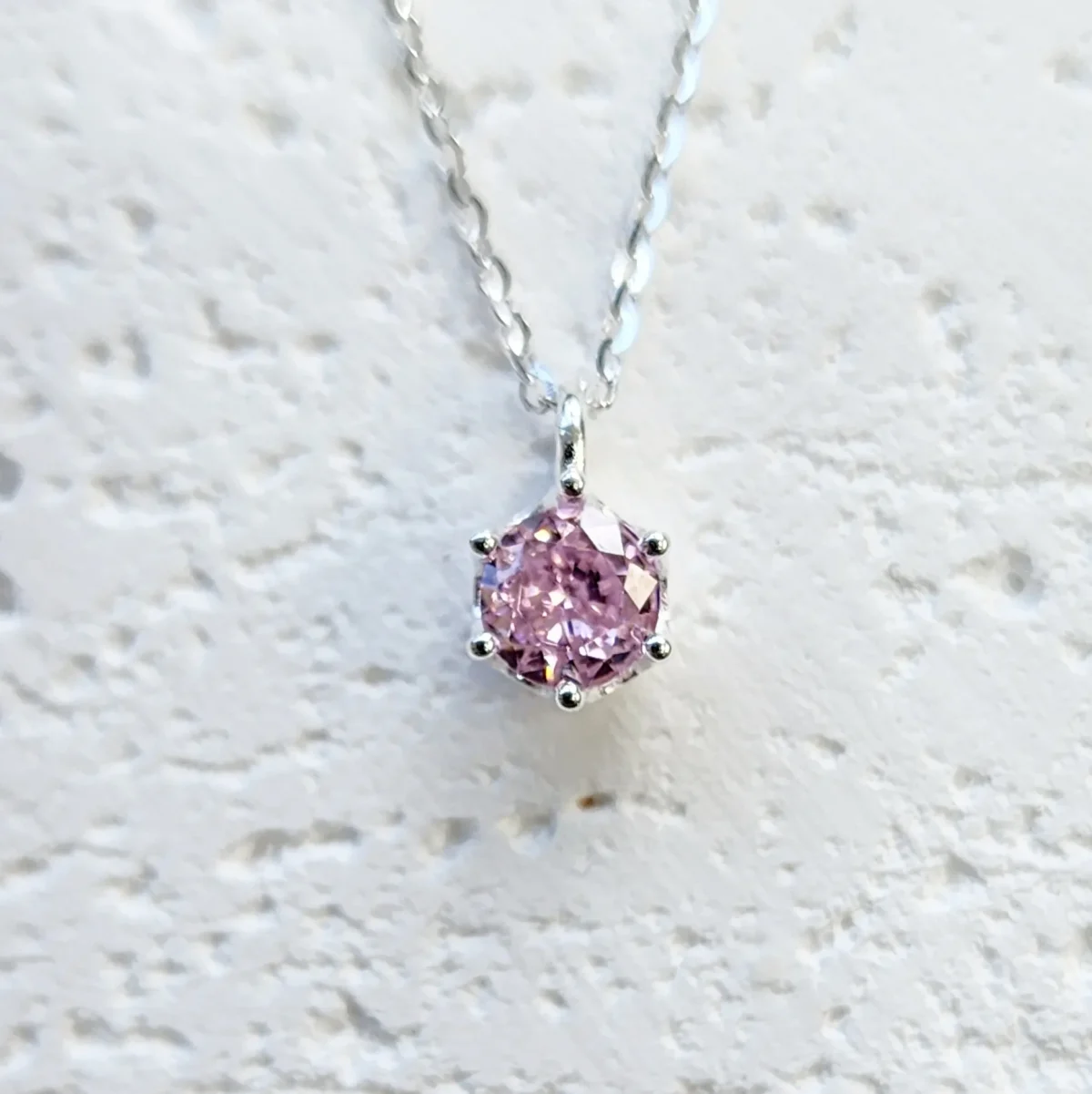 Sterling Silver Pink CZ 6 Claw Round Pendant with Sterling Silver Chain